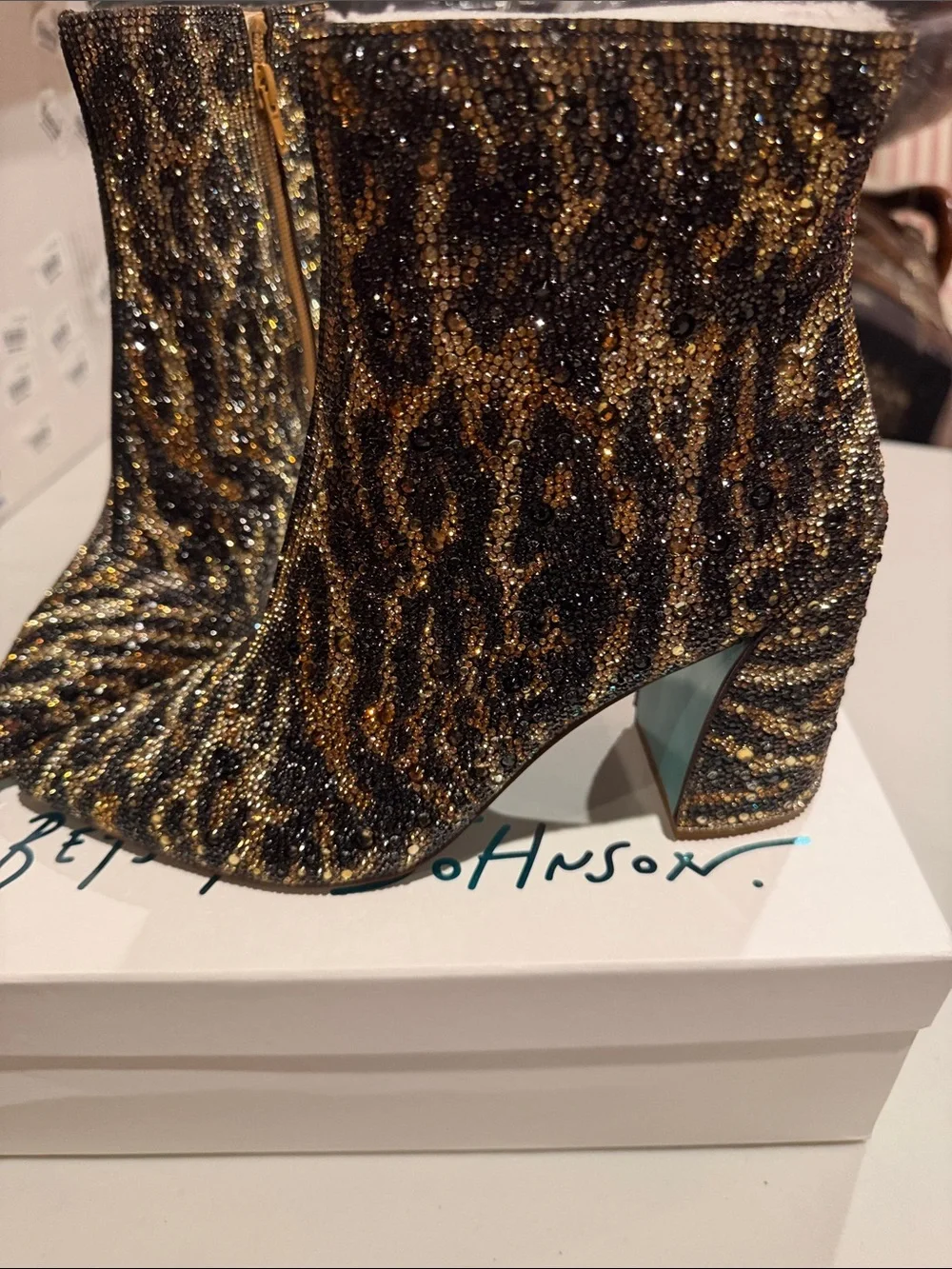 Betsey Johnson Black and Gold Crystal Leopard Ankle Boots